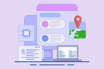 Search engine AI Assistance Concept, AI suggests search results from search engine, Artificial intelligence chatbot to help user, flat vector illustration on background.