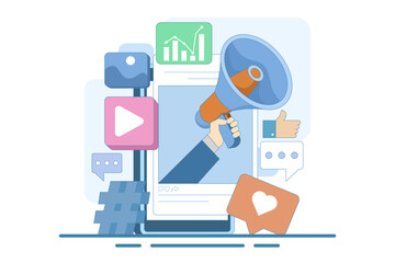 social media marketing concept, social media feed with megaphone, Flat illustration Digital marketing, Ecommerce, Social media campaign, SEO optimization, content marketing. flat vector illustration.