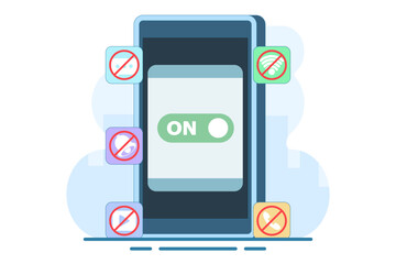Concept of Activating Do Not Disturb mode on screen. feature on mobile phone or device to not display notifications, activate do not disturb mode, data vector illustration.
