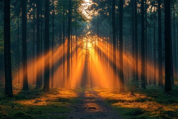 Fototapeta premium Sunbeams Illuminating a Path Through a Dense Forest
