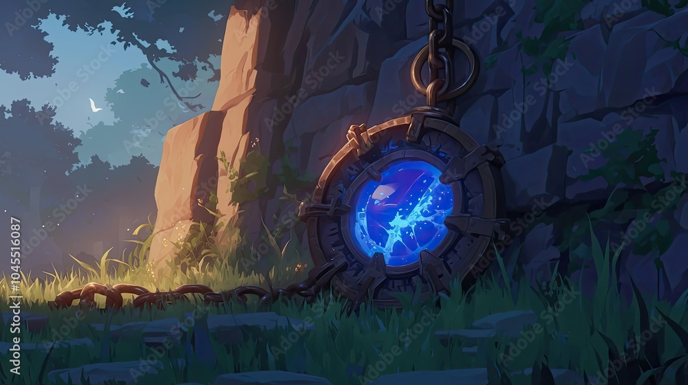 Poster A Glowing Orb Embedded in a Stone Wall Surrounded by Grass and Vines