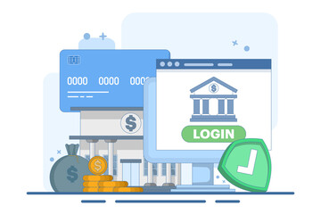 Online banking and mobile payments concept, login to bank account, digital wallet, internet money, savings and finance, mobile banking. Flat vector illustration on background.