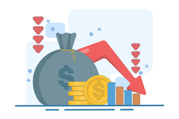 recession concept. economic downturn, profit or income. decreasing currency value. coin with down arrow. economic and financial problems. flat vector illustration on background.