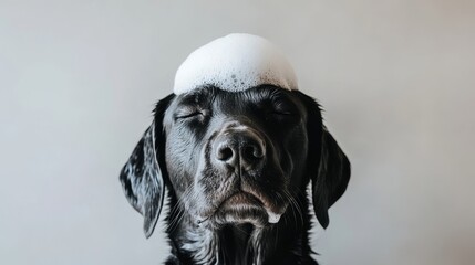 Black Labrador Retriever Dog with Soapy Head, its eyes closed, against a White Background