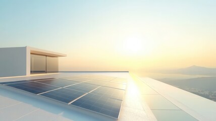 Obraz premium A minimalist rooftop with solar panels glows in the warm light of sunrise, showcasing renewable energy and modern architecture.