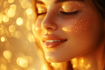 Portrait of a woman in a shower with curly hair on a background of golden glitter golden bokeh with free space. Teeth  white , smile. A girl with luxurious premium design promotional products.