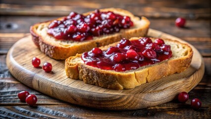 Two Slices of Toasted Bread Spread with Homemade Cranberry Jam on a Rustic Wooden Cutting Board