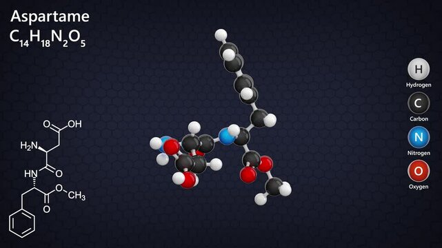 Aspartame. Artificial sweetener. Animated 3D model of a molecule. Molecular formula: C14H18N2O5. Chemical model: Ball and stick. Dark background. 3D rendering.