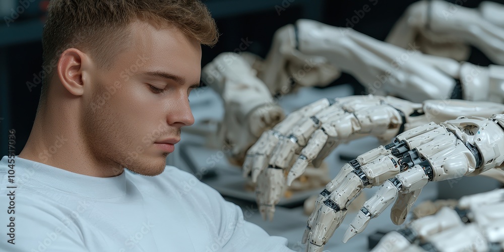 Poster young engineer examining robotic arms in factory setting