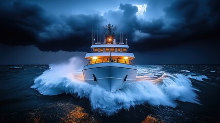 A large white yacht navigates through choppy waters, its bow slicing through a wave, while the dark storm clouds gather in the background.