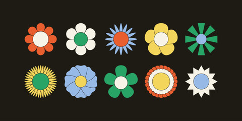 Retro groovy abstract flowers. Cute naive floral doodle elements, modern childish blossom icons 60s 70s hippie style. Vector contemporary set