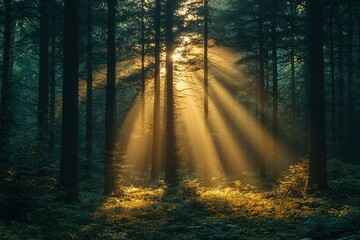 Fototapeta premium Sunbeams Piercing Through a Dense Evergreen Forest