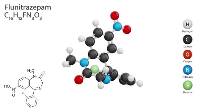 Flunitrazepam. Animated 3D model of a molecule. Molecular formula: C16H12FN3O3. Chemical model: Ball and stick. White background. 3D rendering. Seamless loop.