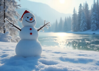 Frosty snowman stands tall in a serene wintry landscape with icy trees and sparkling frozen lake scenery.