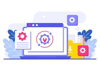 System maintenance flat vector illustration, Error, Fixing trouble, Device updating, Software system under maintenance, Software upgrade process on devices, People update operation system