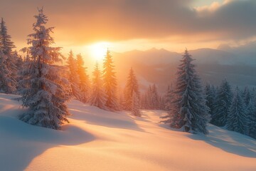 Serene Snowy Landscape with Trees and Sunlit Sky, Capturing Tranquil Winter Beauty