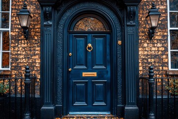 An Ornate Blue Doorway with Brass Accents on a Brick Building