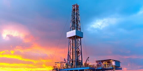 Oil Rig Silhouette Against Dramatic Sunset Sky