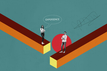 Composite photo collage of happy girl guy business partners experience work search appropriate candidate isolated on painted background