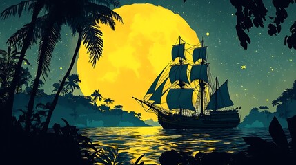 Vintage Sailing Ship at Sea with Full Moon and Starry Sky – Jungle Island and Cinematic Lighting in Retro Digital Art Poster Design
