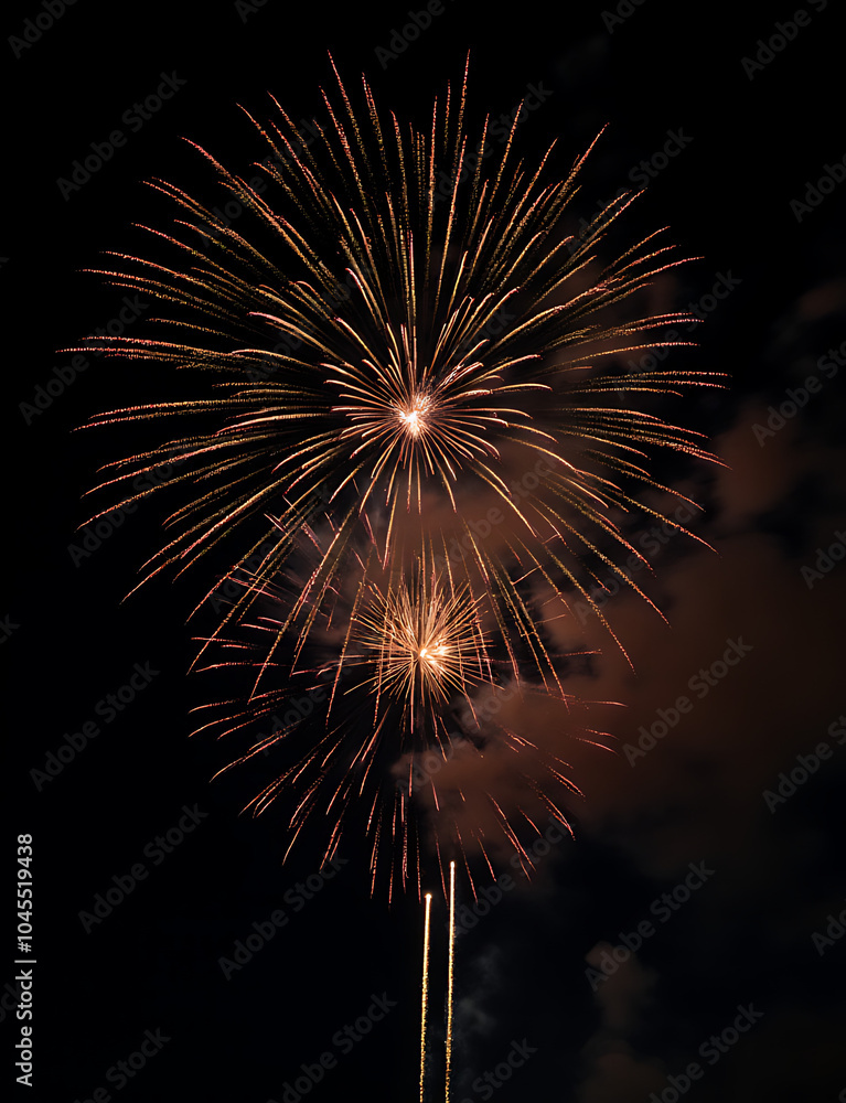 Poster Dark sky is filled with colorful fireworks exploding in a chaotic display of light and sound.