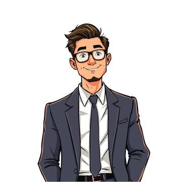 Illustration of a smiling businessman with glasses and a grey suit