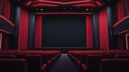 Fototapeta premium A movie theater with red curtains and a black screen