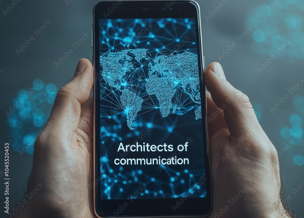 Poster smartphone displaying global network connections concept with a glowing world map representing commu