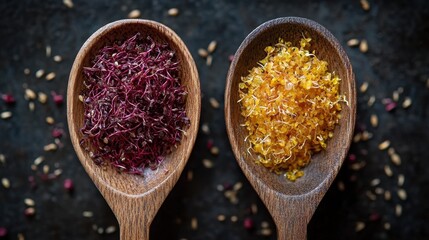 A colorful display of saffron and calendula petals in wooden spoons set against a dark background