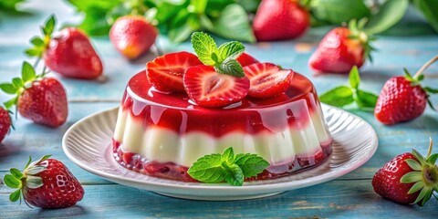 A glistening red berry jelly dessert topped with fresh strawberries and mint leaves,  presented on a white plate on a rustic blue wooden table