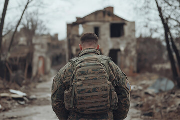 Obraz premium Back view of US soldier coming back home from the military, American serviceman. 