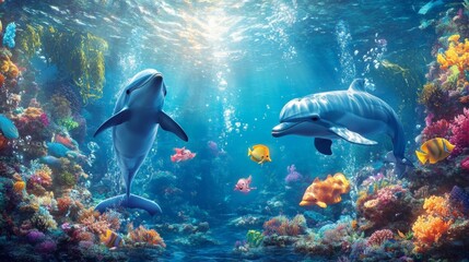 Fototapeta premium Two dolphins swim through vibrant coral reefs in a blue ocean. The underwater scene is alive with colorful marine life and sunlight.