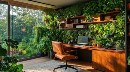 Fototapeta premium A home office with an eco-friendly desk, a leather chair, and wooden cabinets filled with plants. A large living wall on the back wall is lush and green. The room has natural light from windows