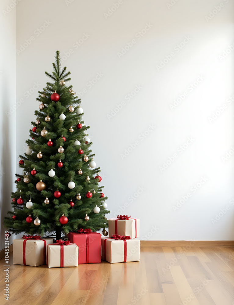 Poster Beautiful Christmas tree on wooden floor decorated with baubles and presents in white wall space with lots of empty area around it.