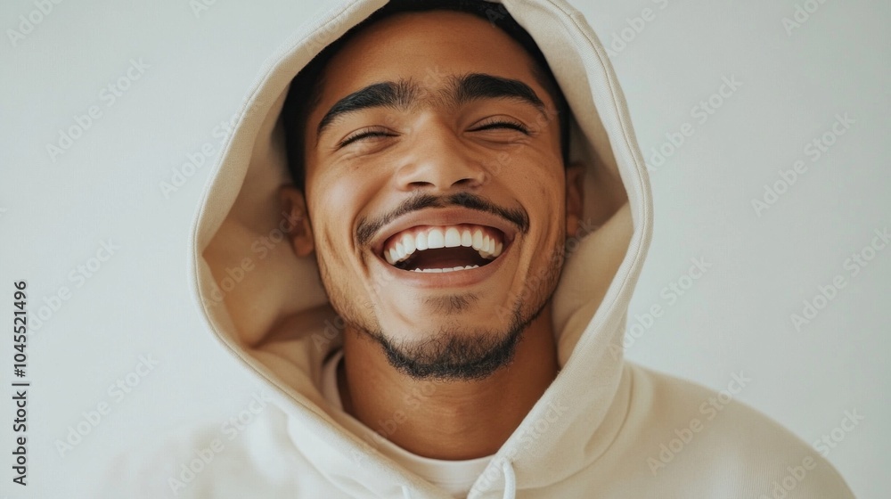 Poster a man with a beard and a hoodie is smiling