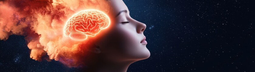 Obraz premium The image depicts a woman with a fiery brain visualization, symbolizing creativity and intense thought against a dark, starry background.