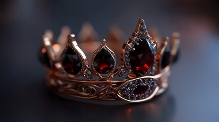 A golden crown adorned with red gemstones and intricate details rests on a dark surface.