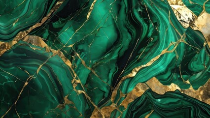 Abstract green and gold marble texture with intricate patterns.