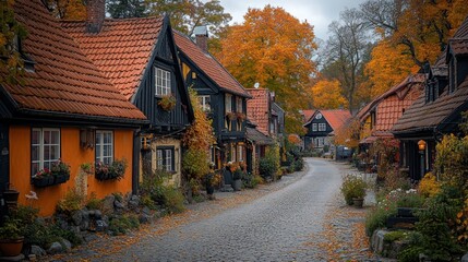 A picturesque autumn street lined with charming, colorful houses and vibrant foliage.