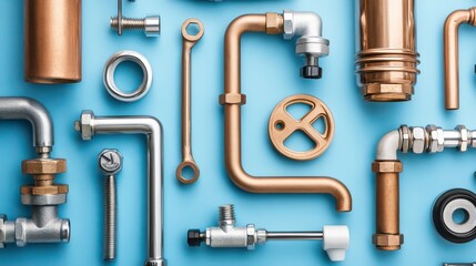 Assorted Plumbing Fixtures and Fittings on Blue Background