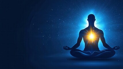 A serene silhouette meditates, radiating light from the heart chakra against a cosmic blue background.