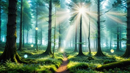 A mystical forest illuminated by sunlight, featuring ethereal glowing orbs. A serene path leads through lush greenery, creating a magical, dreamlike atmosphere