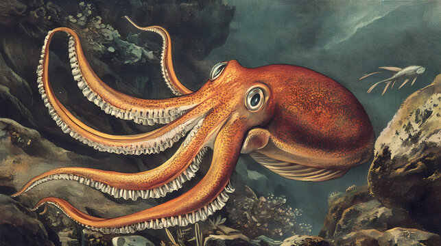 Common squid, loligo vulgaris. Vintage Lithograph. Illustration