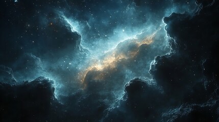 Obraz premium A vibrant nebula with swirling clouds of gas and dust, lit by a bright, glowing center, set against a backdrop of distant stars.