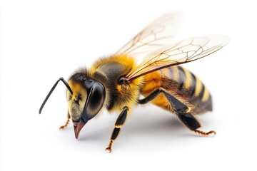 A close-up of a honey bee with its wings spread, isolated on a white background.