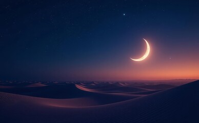 Crescent Moon and Star Desert Night Islam Religion Spiritual Symbol , Crescent moon hanging low over desert dunes
