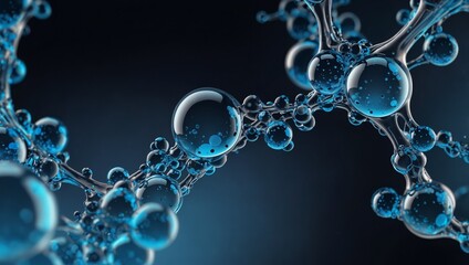 Scientific and cosmetology background with abstract molecular structure. Blue light transparent liquid bubbles