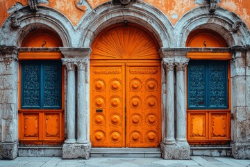Obraz premium Ornate Orange Doorway With Stone Columns and Arched Windows