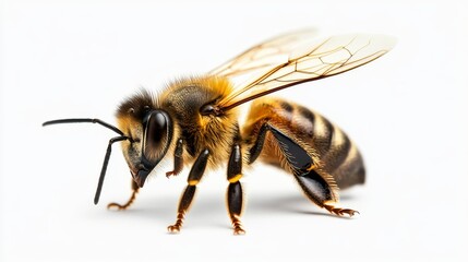 A close-up of a honey bee with wings spread, isolated on a white background.