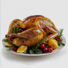 Succulent roast turkey on a white background, perfect for holiday meals and festive celebrations.